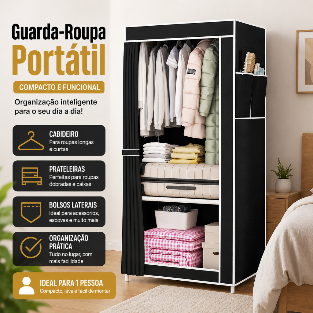 Easy-to-Assemble Guarda Roupa, Black Guarda Roupa Solteiro 146x56x44 cm,à Prova …