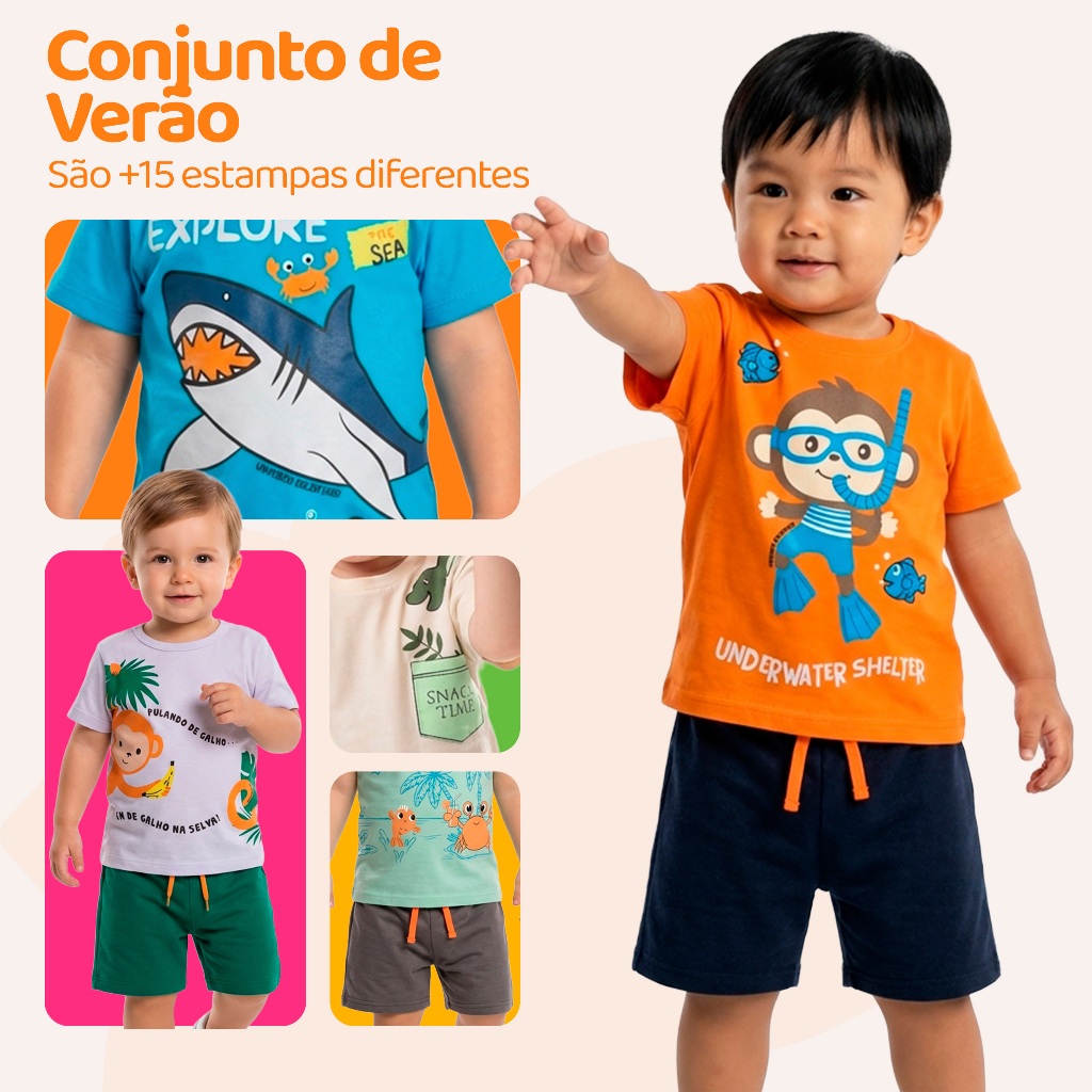 Kit Sortido 8 Peças de Roupas Infantil Bebê Menino (4 Camisetas + 4 Bermudas) Kit 4 Conjuntos Bebê · foto 2