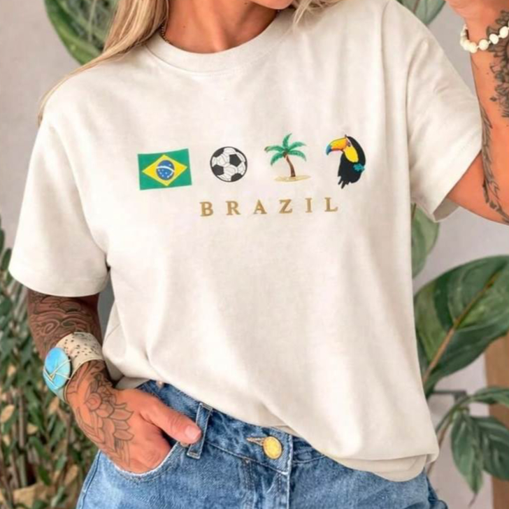 Camiseta T- Shirt 100% Algodão Estampa Brasil Brazil Copa Do Mundo Seleção Brasileira Futebol Bola Praia Camisa Básica