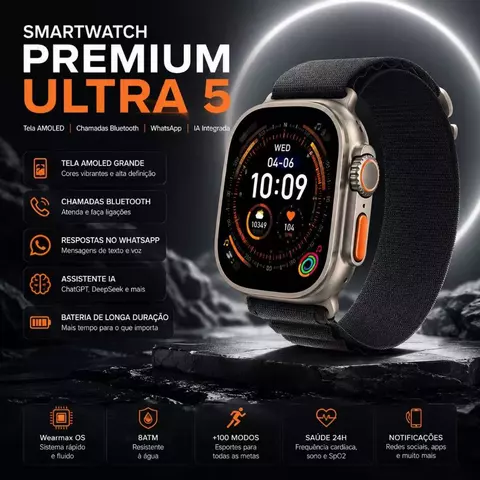 Lançamento  Smartwatch 2026 Ultra 5 Pro Amoled -Prova Dágua + Ligações + WhatsApp Microwear Original