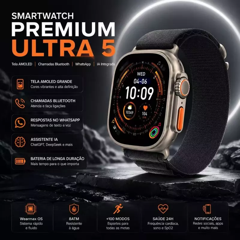 Smartwatch 2026 Ultra 5 Pro Amoled à Prova D'água