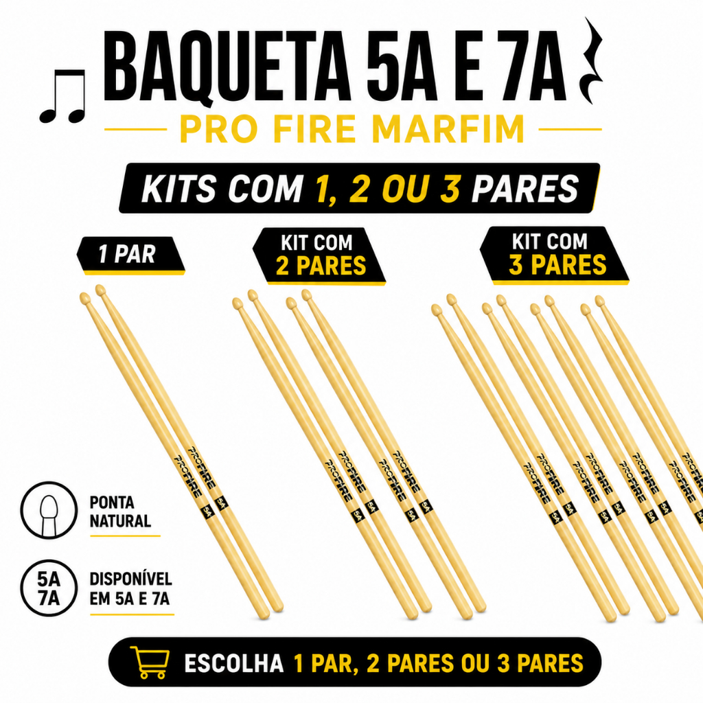 Kit Baqueta Pro Fire Marfim 5A 7A Ponta Natural 1 2 3 Pares Para Bateria Estudo Prática