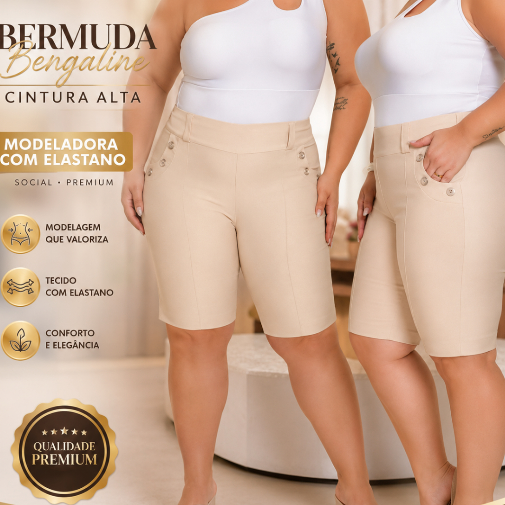 Bermuda Bengaline Feminina  com botão no bolso Cintura Alta Modeladora Com Elastano Social Premium Elegante Confortável