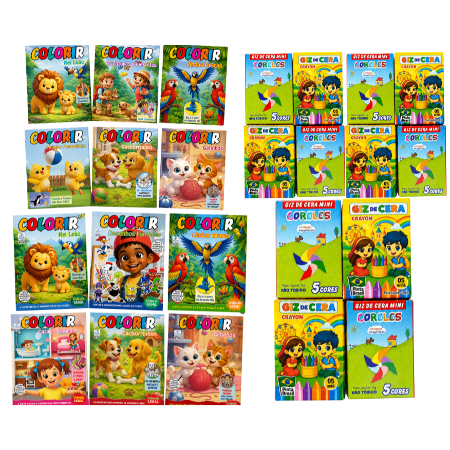 15 Revistinha de Colorir+ 15 Mini Giz de Cera 5 Cores Kit Festa Para Lembrancinha Aniversario Prenda