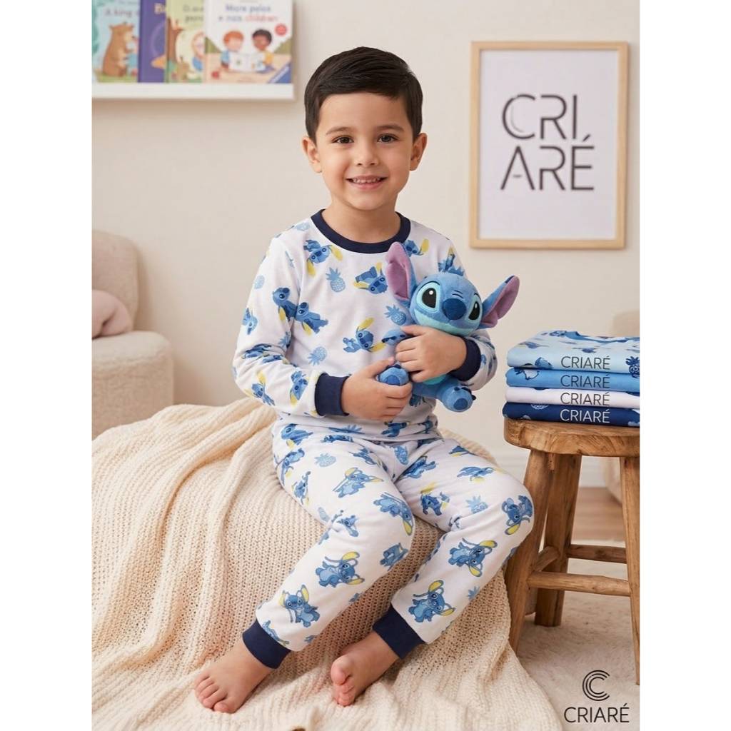 Pijama Infantil Stitch Rosa e Azul – Manga Longa — imagem 2 de 2