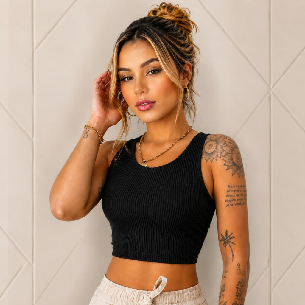Blusinha Regata Cropped Regata Canelado Feminino Ribana Premium Preto Confortável Casual Moda Tendência  | Qualida