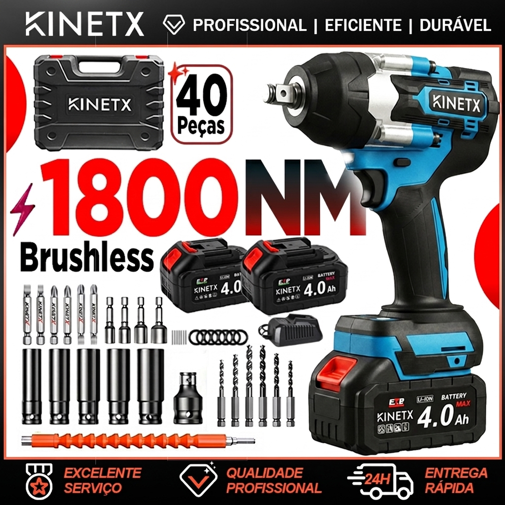 Chave de Impacto Sem Escova 1800NM 2 Baterias 4000mAh 3em1 Elétrica KINETX