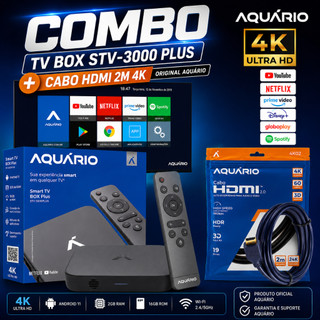 Combo TV Box Aquário STV-3000 Plus 4K Android 11 2GB 16GB + Cabo HDMI 2 Metros Original