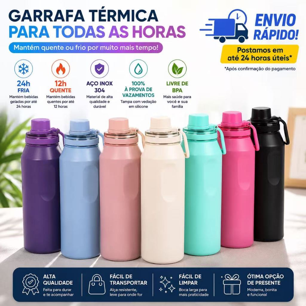 Garrafa Térmica 550ML 750ML Inox Premium Tampa Antivazamento Bico Rosqueável Bebida Quente Fria