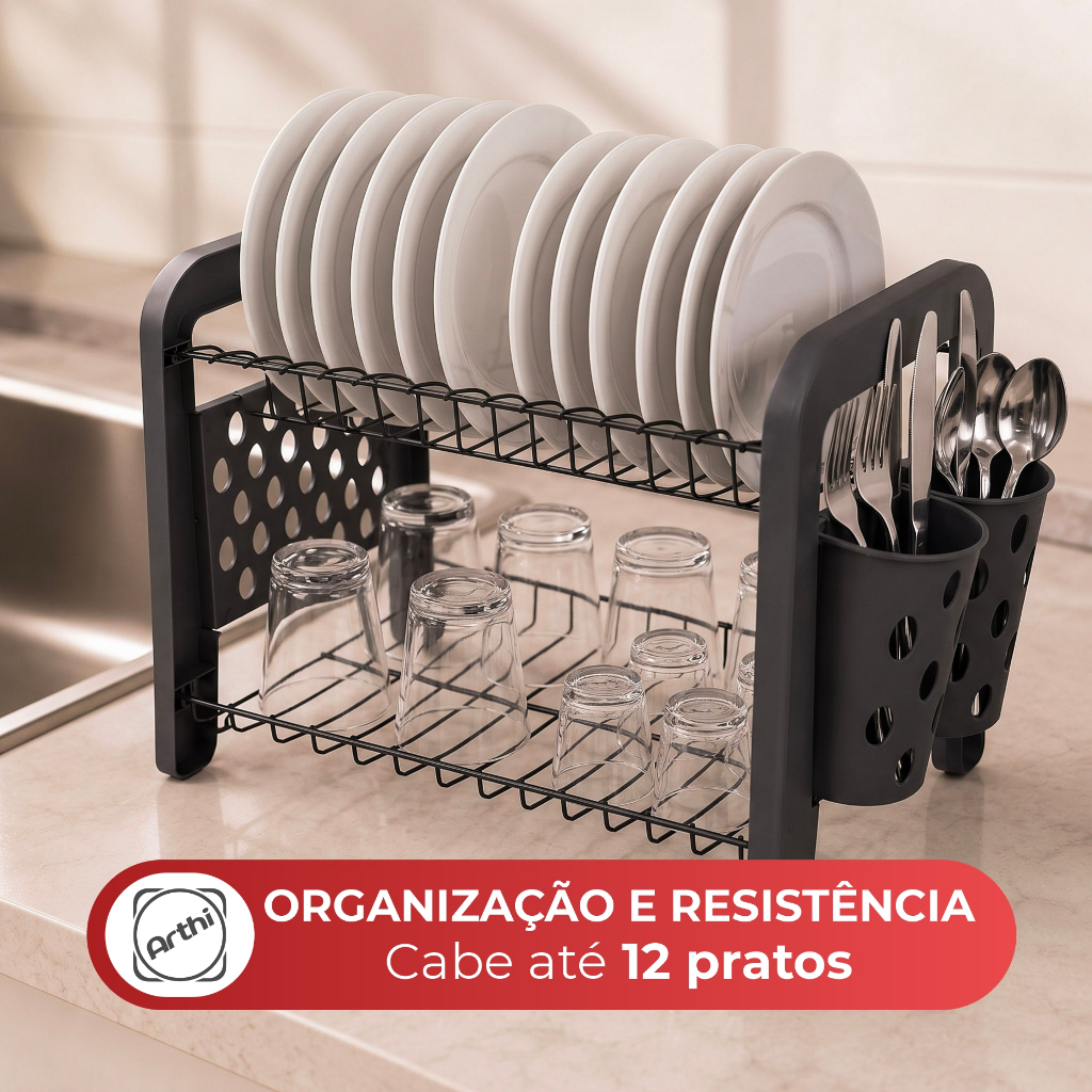 Escorredor De Louça 12 Pratos Duplo Desmontável Preto Escorredor de Pratos Porta