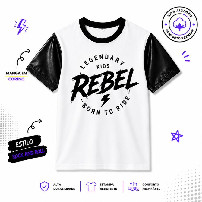 Camiseta Tshirt Blusa Infantil Masculina Menino Branca Estilosa Moderna Algodão Rock Confortável