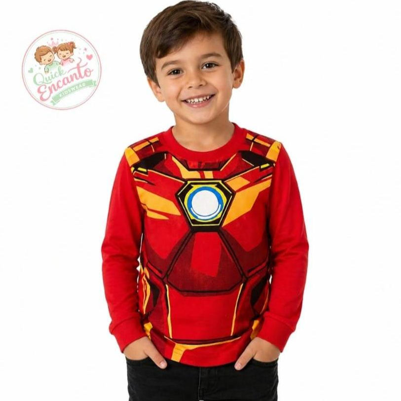 Camiseta Infantil Masculina Homem de Ferro Manga Longa 100% Algodão Confortável Menino