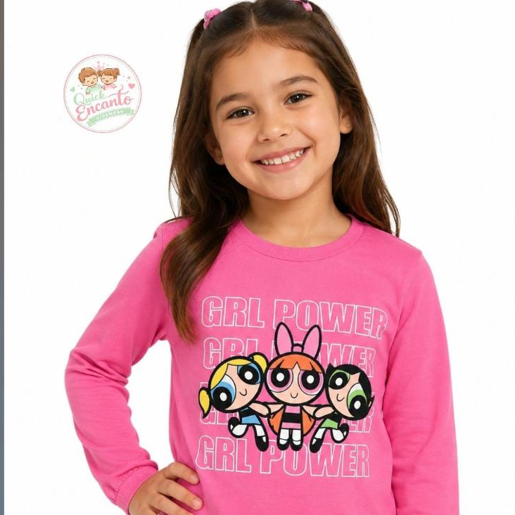 Camiseta Infantil Feminina Super Poderosas Manga Longa 100% Algodão Confortável Menina