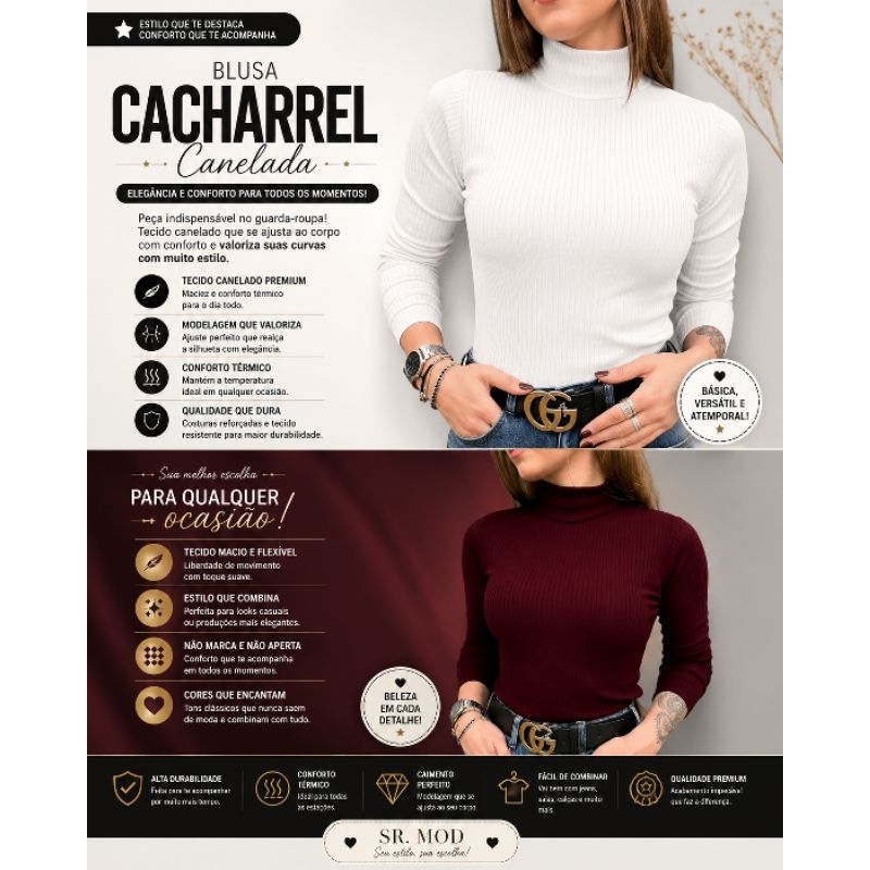 Blusa Cacharrel Canelada Feminina Gola Alta Manga Longa | Confortável | Elegante | @Sr. modas