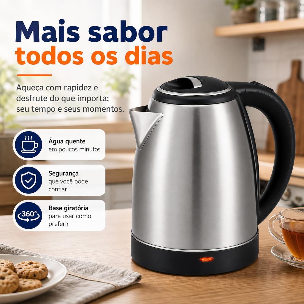 Chaleira Eletrica Inox Capacidade 2 Litros Rapida Aquecimento Potente 127V Design Moderno - café chá