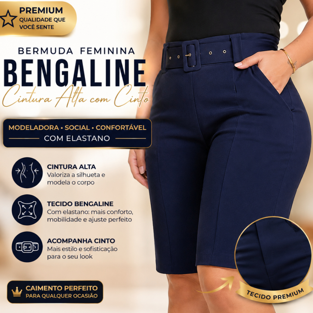 Bermuda shorts Feminino Plus Size Bengaline Cintura Alta com Cinto Modeladora Social Premium Confortável com Elastano