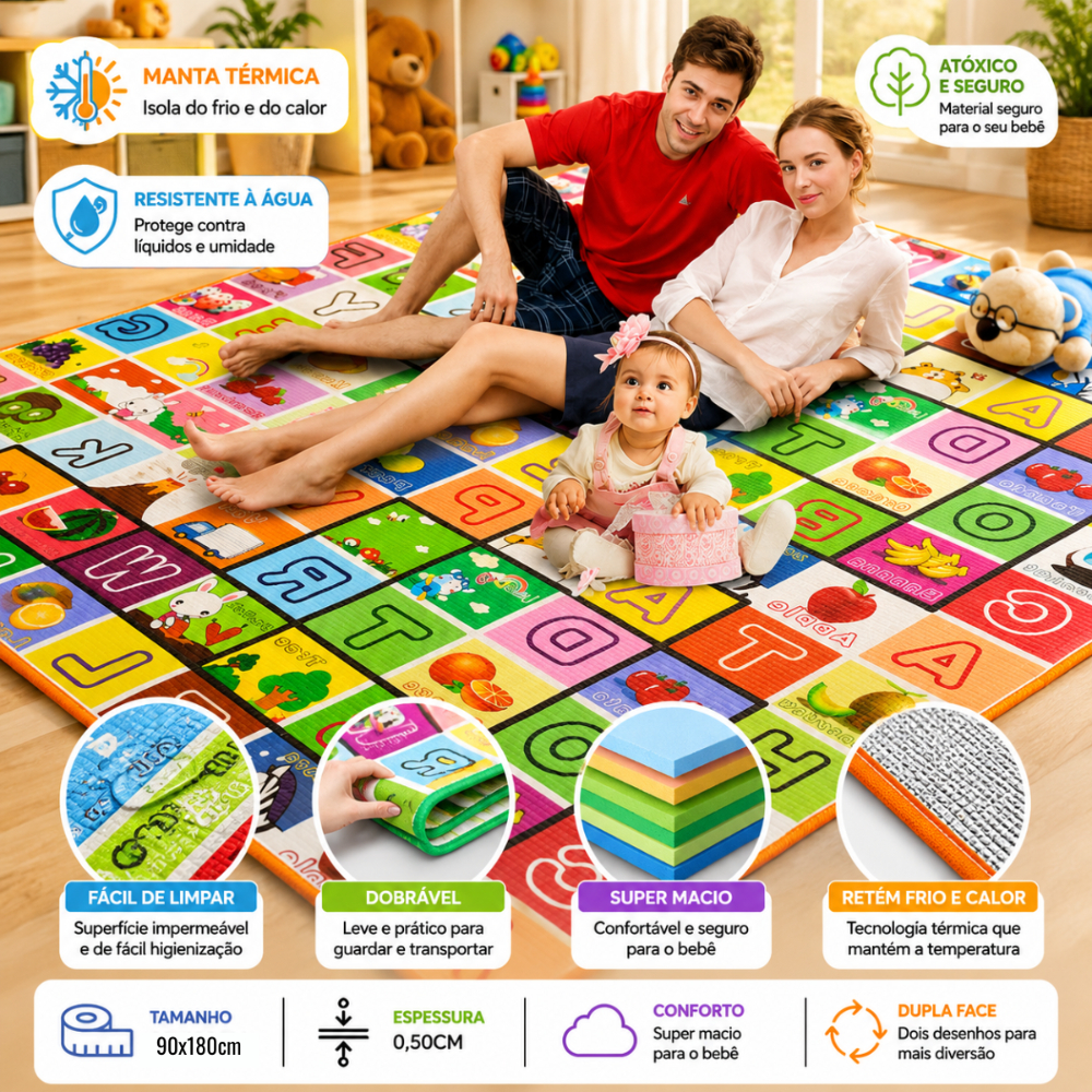 Tapete Termico Emborrachado Infantil Para Atividades Educativo Dobravel Tatame Bebê 180x90cm Grande
