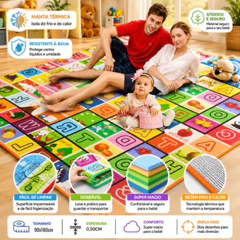Tapete Termico Emborrachado Infantil Para Atividades Educativo Dobravel Tatame Bebê 180x90cm Grande