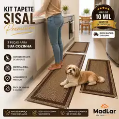 Jogo Tapete Cozinha Kit 3 Peças Sisal Antiderrapante Premium com Cantoneiras Cromadas Lavável Sem Pelo
