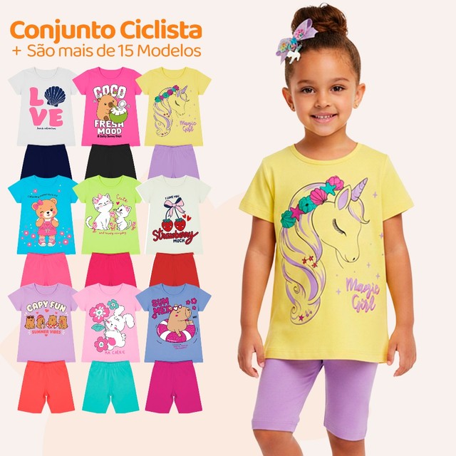 Kit Sortido 4 ou 6 Peças de Roupas Infantil Menina Conjunto Ciclista Roupas Infantil Feminino Tamanho 1 ao 10 Calor