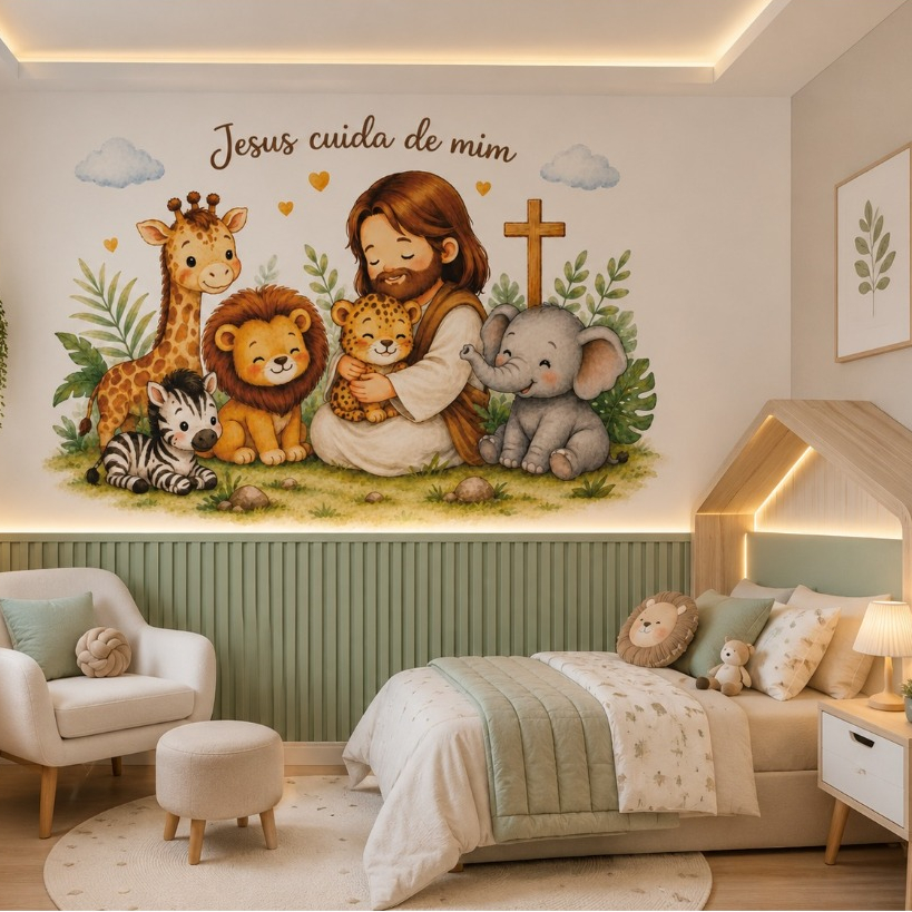 Papel de parede jesus e os animais menina ou menino safari (Fundo branco) - Algidecor — imagem 2 de 2