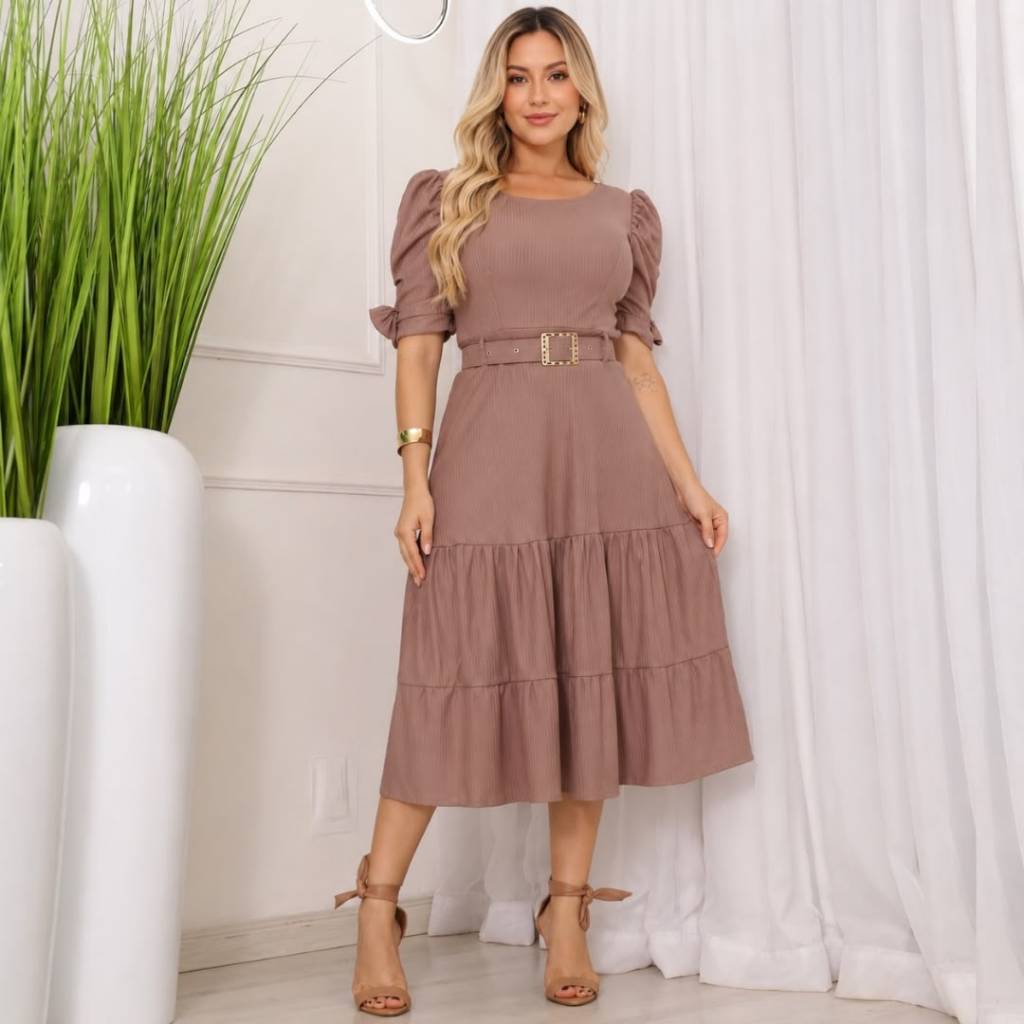 Vestido Gode Malha Canelada 3 marias feminino evangelico