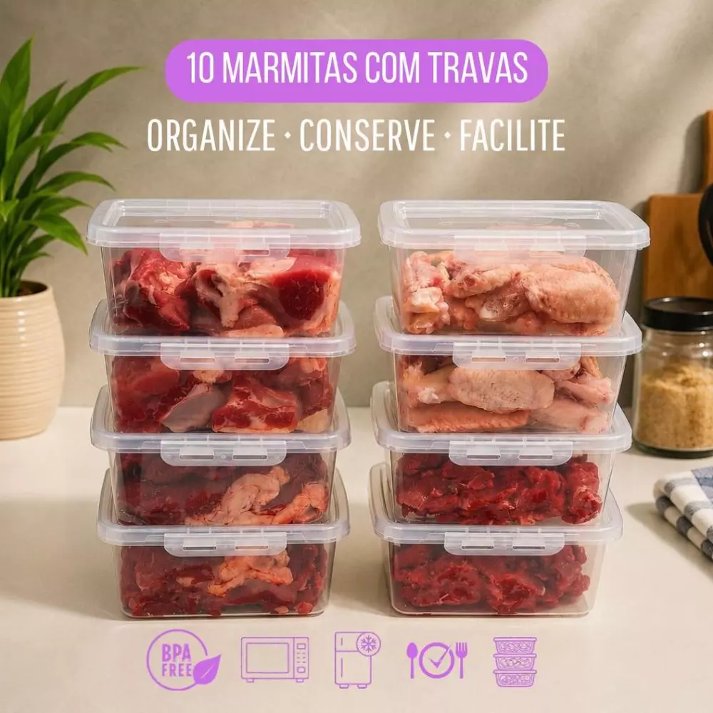 Kit 10 Potes Marmitas 900ml com Travas Laterais Congela Fácil BPA FREE Fitness Empilhavel Com Tampa