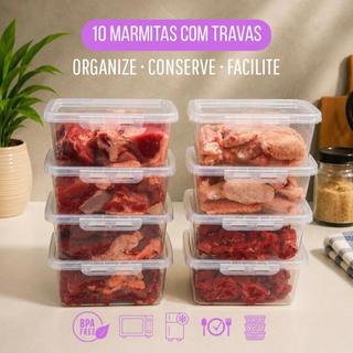 Kit 10 Potes Marmitas 900ml com Travas Laterais Congela Fácil BPA FREE Fitness Empilhavel Com  Tampa