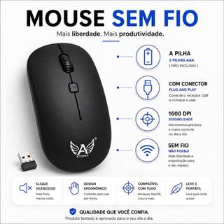 Mouse Sem Fio Wireless 2.4GHz USB 1600 DPI Silencioso Ergonômico para Notebook PC Mac