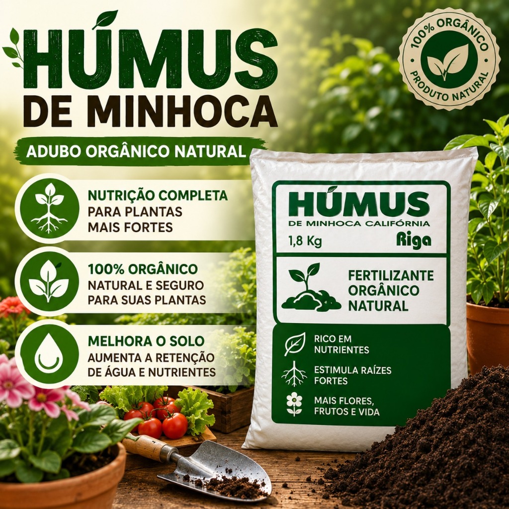 Húmus de Minhoca Adubo Orgânico Natural para Hortas Vasos Jardins Flores Frutíferas