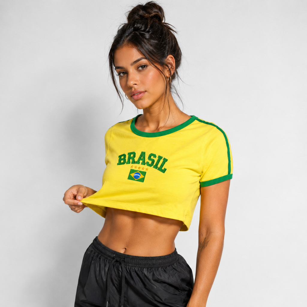 Cropped Do Brasil Bandeira Bordada Amarela