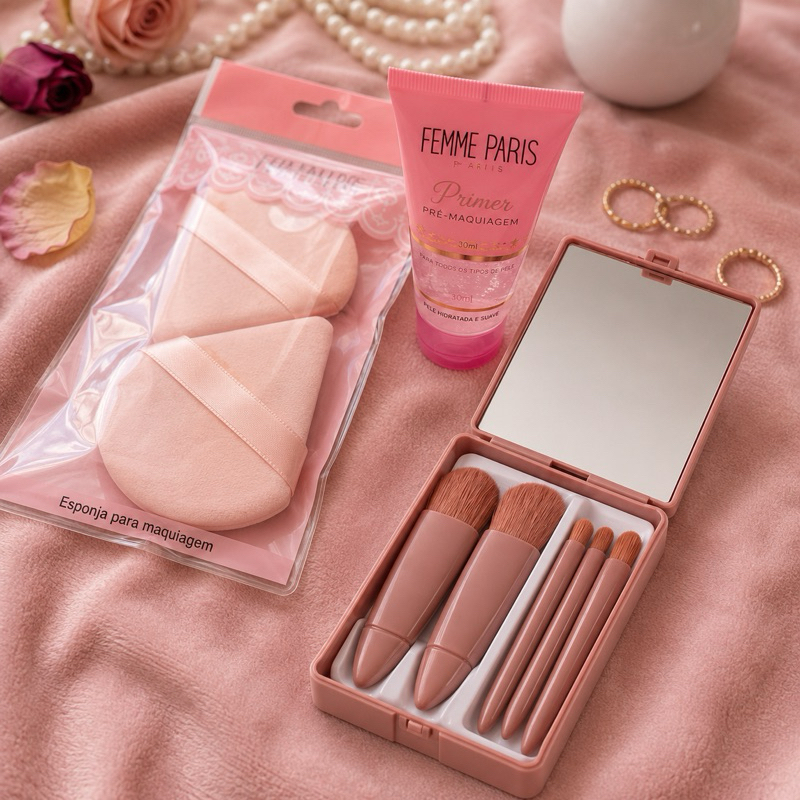Kit Maquiagem Profissional Primer Femme + Pincéis + Esponja Pele Uniforme