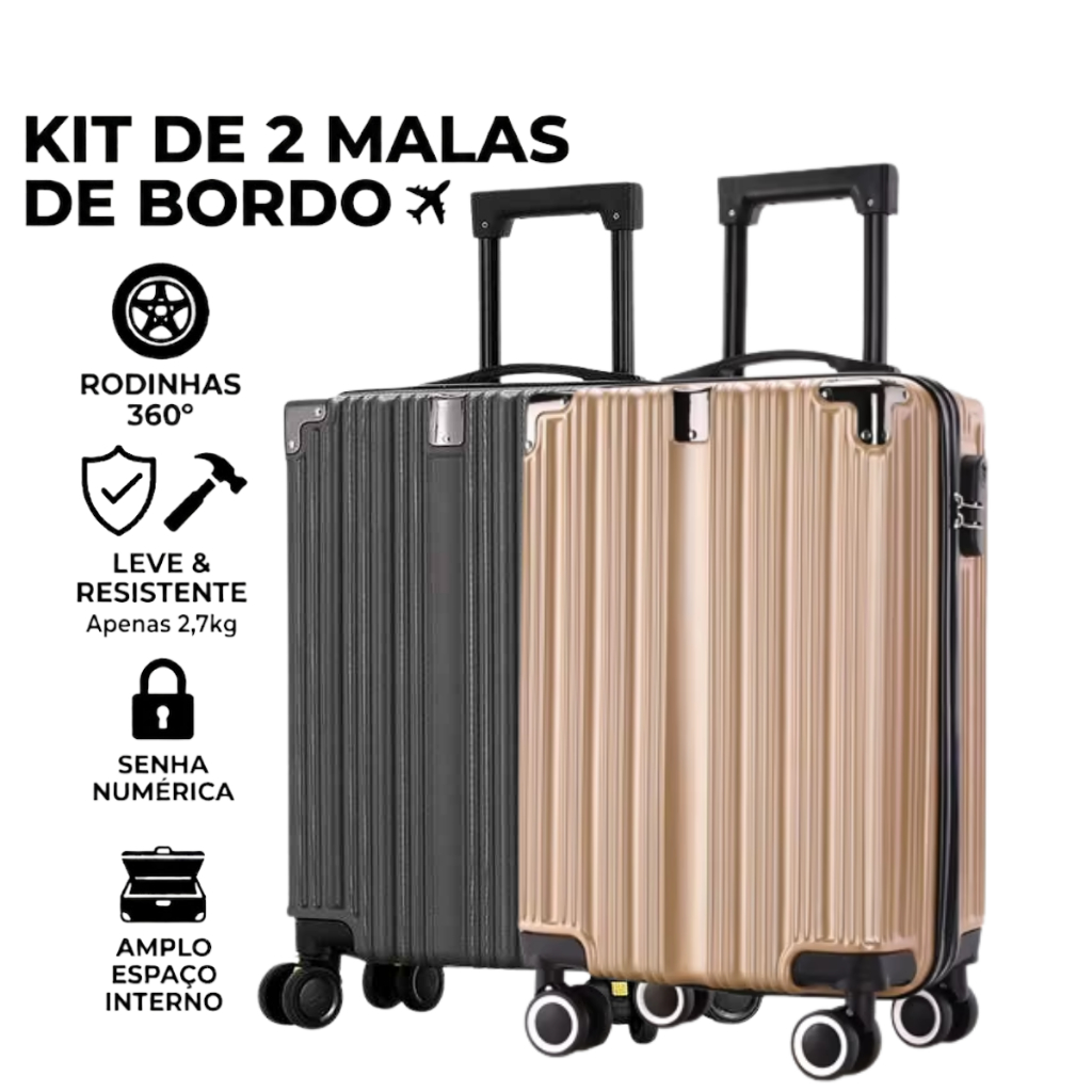 Kit 2 Mala de Bordo Fibra Rígida com Rodas 360° Removíveis - 10KG ANAC