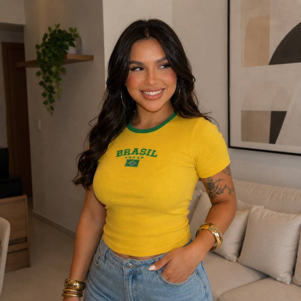 Cropped Brasil Patriota Blusa Feminina Copa Futebol Seleção Brasileira Malha Ribana Bordado Eleições