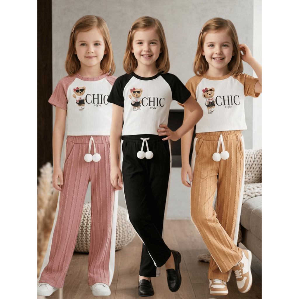 Conjunto Infantil Feminino Camiseta e Calça Listrada Ribana Prime Look Fofo Confortável