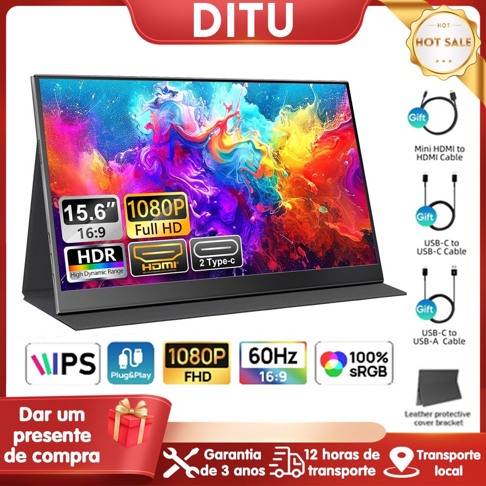 DITU Monitor Portátil 15.6"60HZ/1080P FHD USB-C, Display De Computador HDMI HDR IPS Jogos Com Alto-Falantes