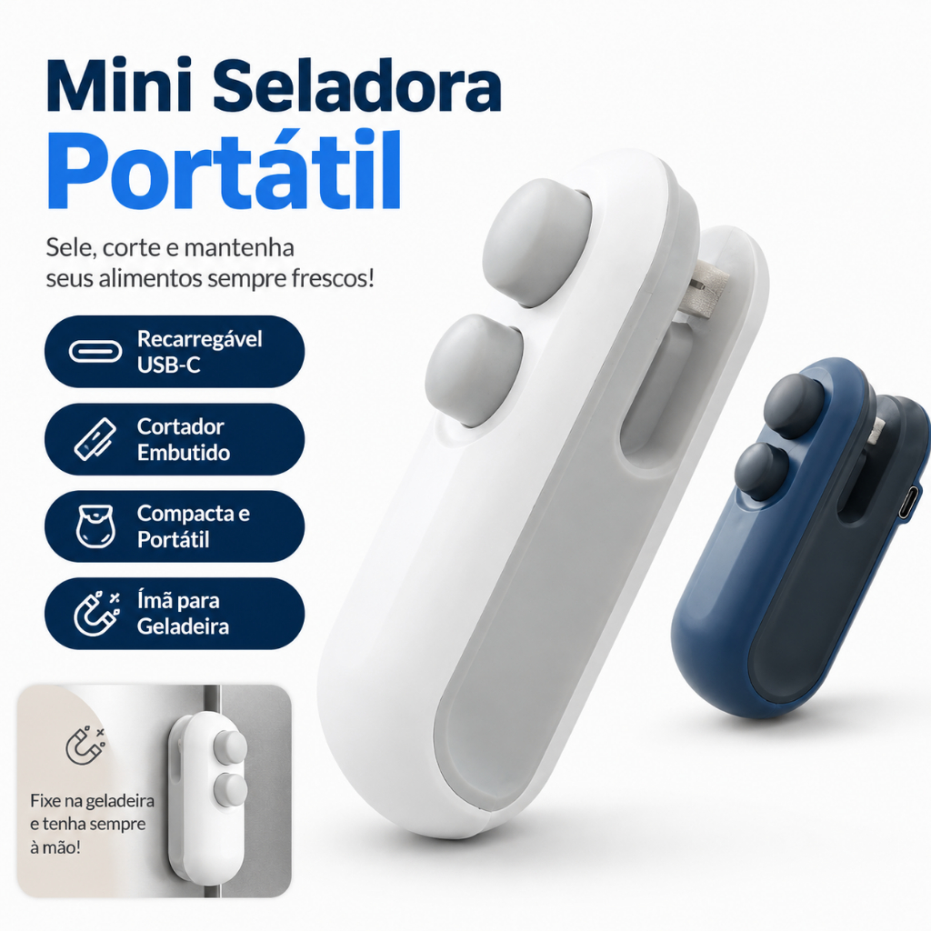 Mini Seladora Portátil USB 2 em 1 Sela e Corta Sacos Plásticos com Ímã para Embalagens de Alimentos