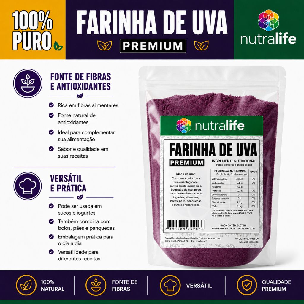 Farinha de Uva Premium 100% Natural | Uso Alimentar | Fonte de Fibras | Laudo de Qualidade