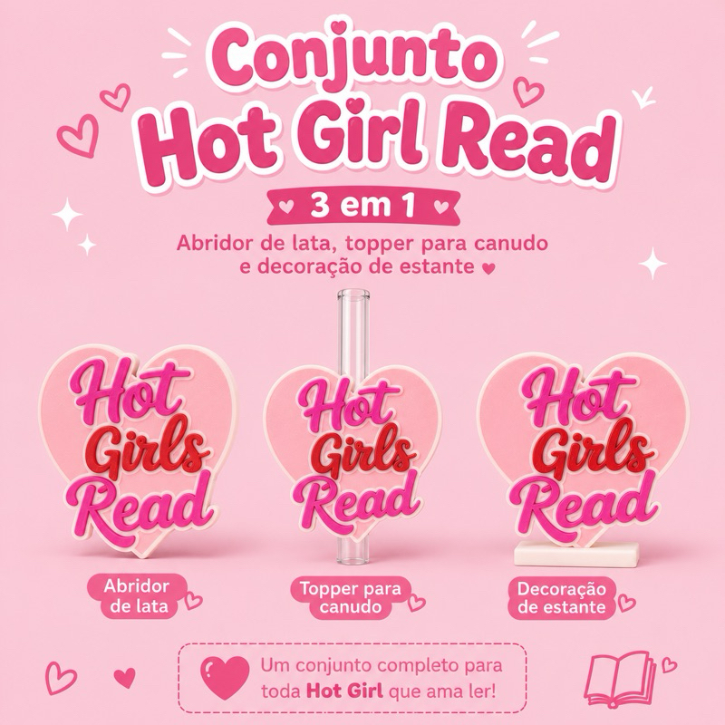 Conjunto Kit Hot Girl Read Leitoras Abridor de Lata Topper para Canudo e Decoracao Estante Kit Literario