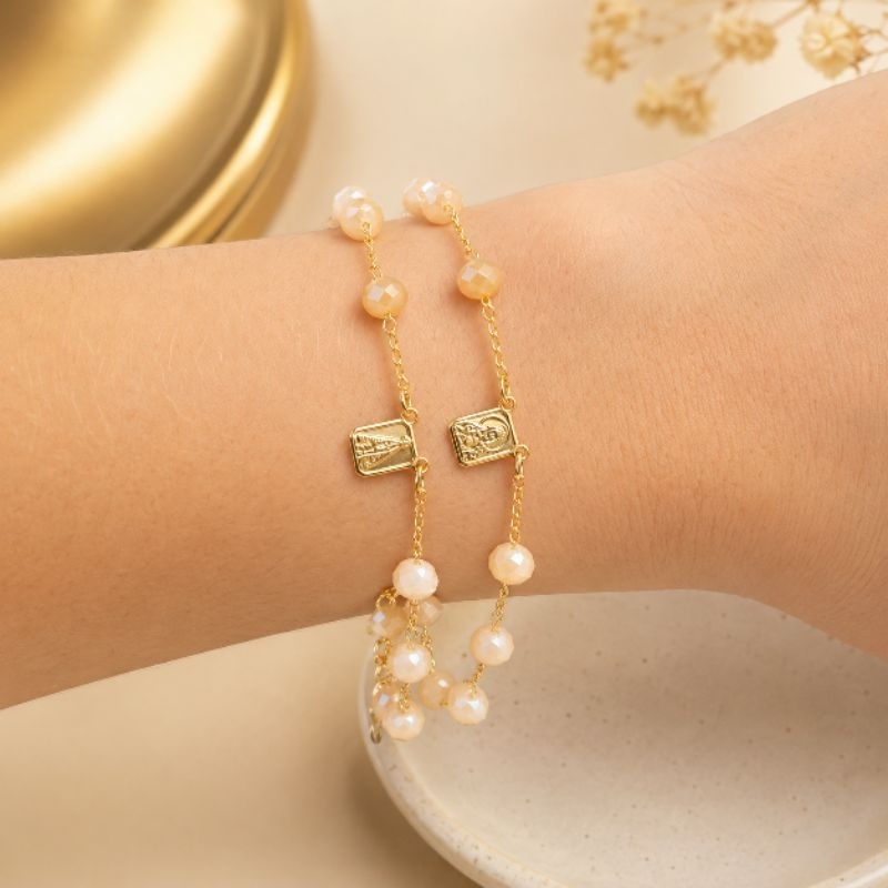 Pulseira Escapulário Cristal Banhada a Ouro 18k Nossa Senhora Aparecida e Sagrado Coração Escápulario de Pulso