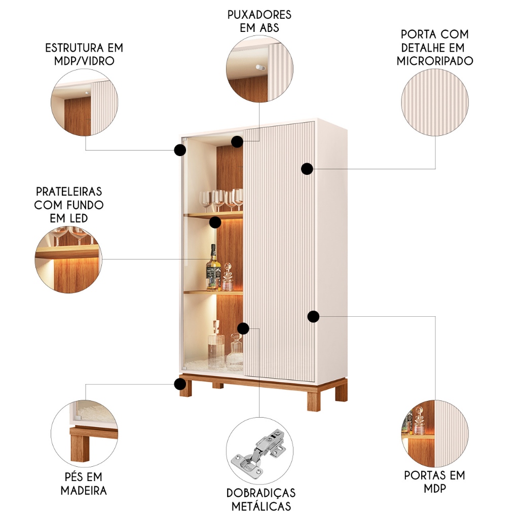 Cristaleira Porta de Vidro Com LED 90cm Lucca Off/Freijó C01 - Mpozenato · foto 2