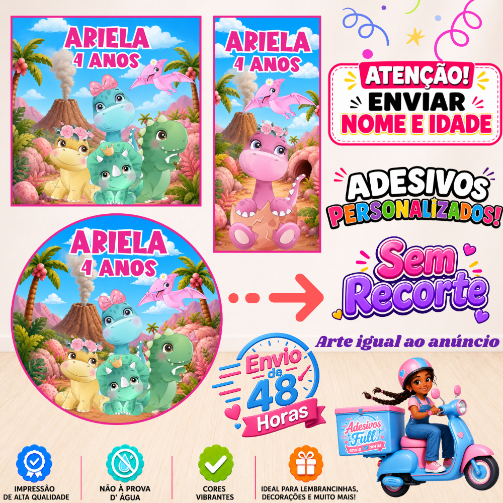 Dinossauro Baby Rosa - 100/60/40 Adesivos Personalizados Lembrancinhas Festa Aniversário