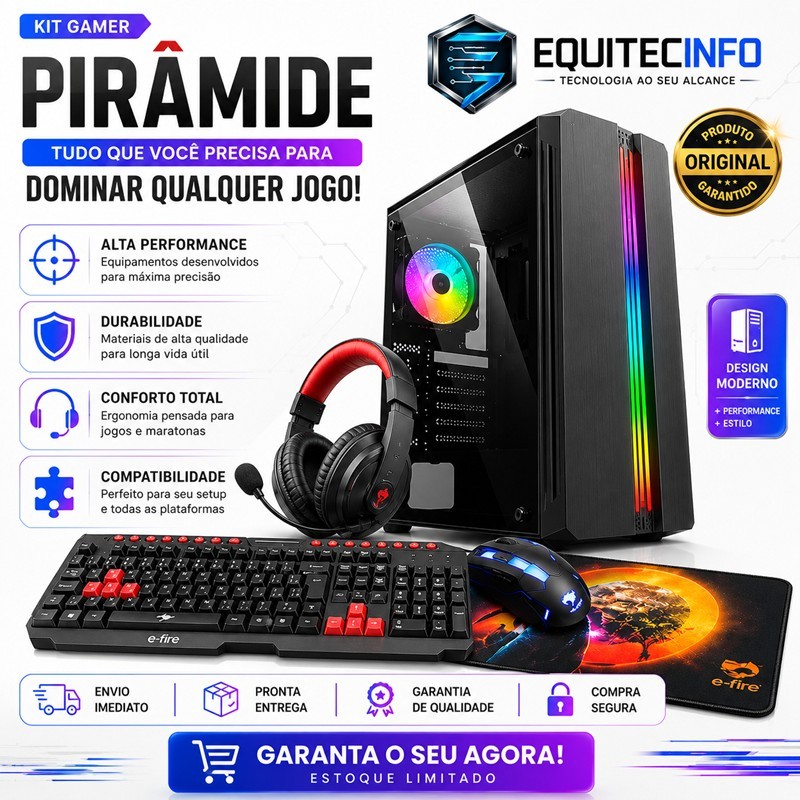 Kit Gamer Completo RGB Gabinete ATX Headset Mouse Gamer Teclado ABNT2 Mouse Pad Setup Pirâmide