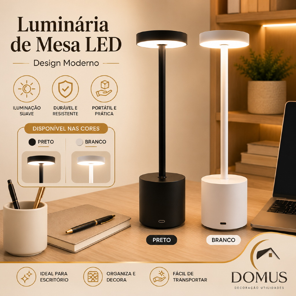 Luminária de Mesa Abajur Candeiro Dumbbell  Cabeceira Escrivaninha LED 3 em 1 Recarregável Tipo C