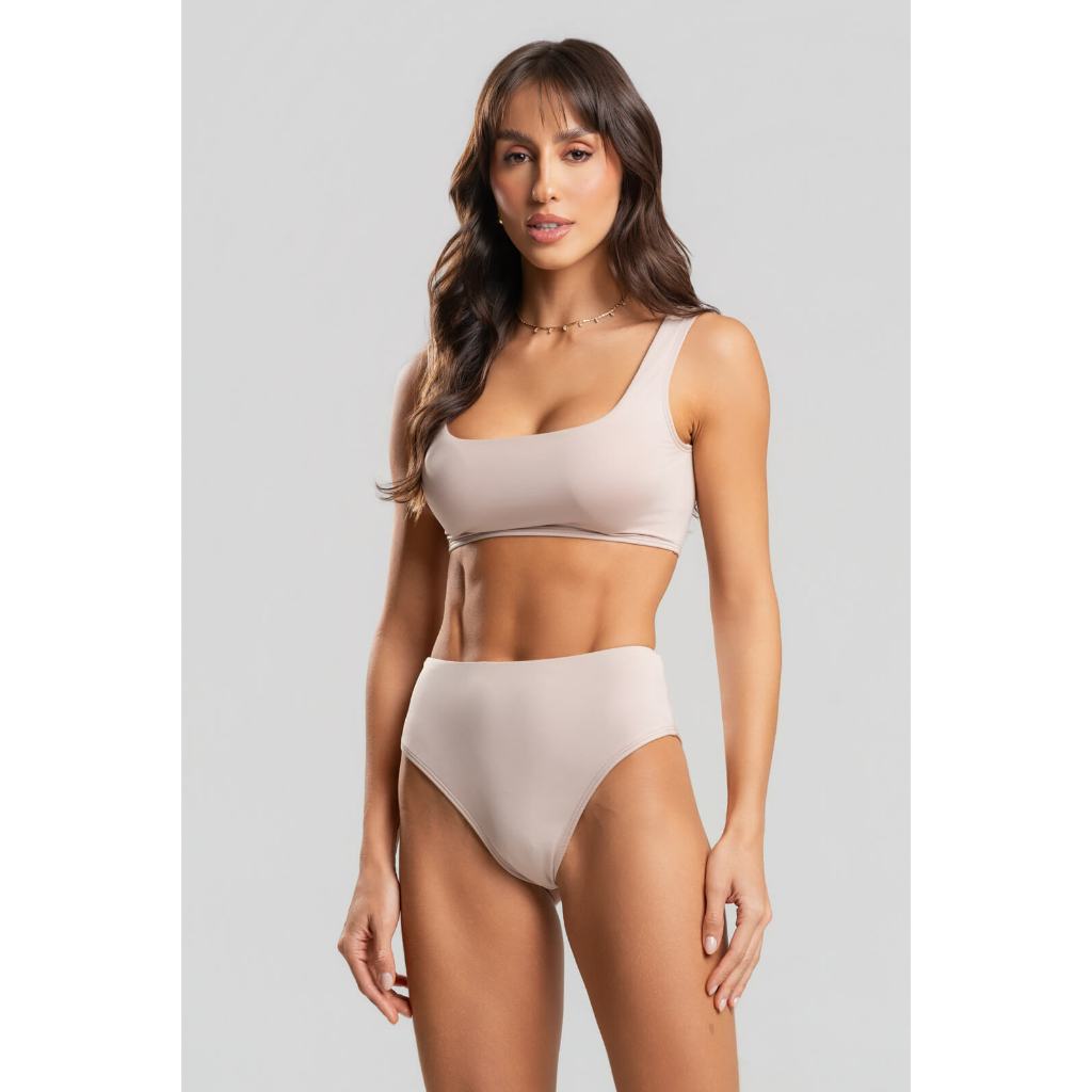 Biquini Top Regata Calcinha Cintura Alta Hot Pants Bojo Removivel Proteção Uv 50+ Moda Praia e Piscina Bikini Gringa