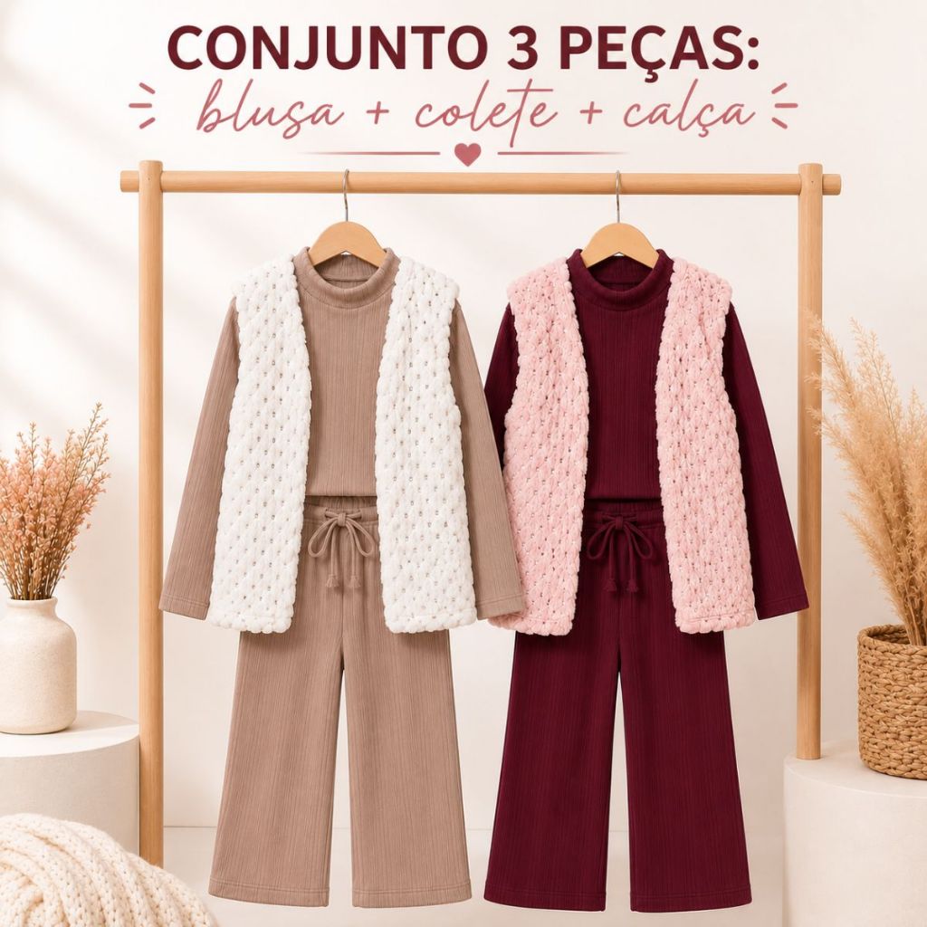 Conjunto Infantil Menina 3 Peças Canelado Flanelado Térmico Blusa Manga Longa Colete Peluciado Calça Quentinha Inverno