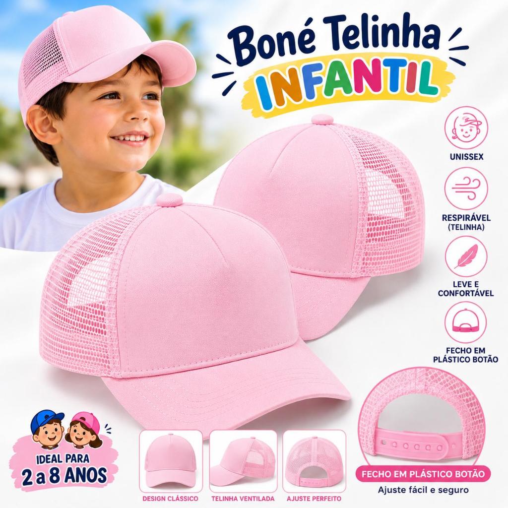 Boné Rosa Bebe Infantil Telinha Ajustável  Aba Curva Trucker Menino e Menina