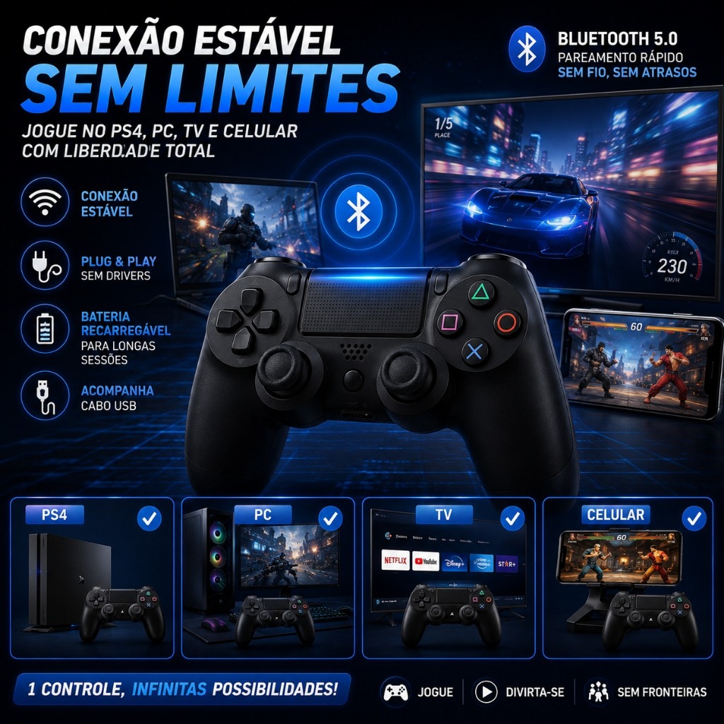 Controle Compatível PS4 Sem Fio Bluetooth Joystick Dual Shock Vibração Recarregável + Cabo USB Manete Jogos Video Game
