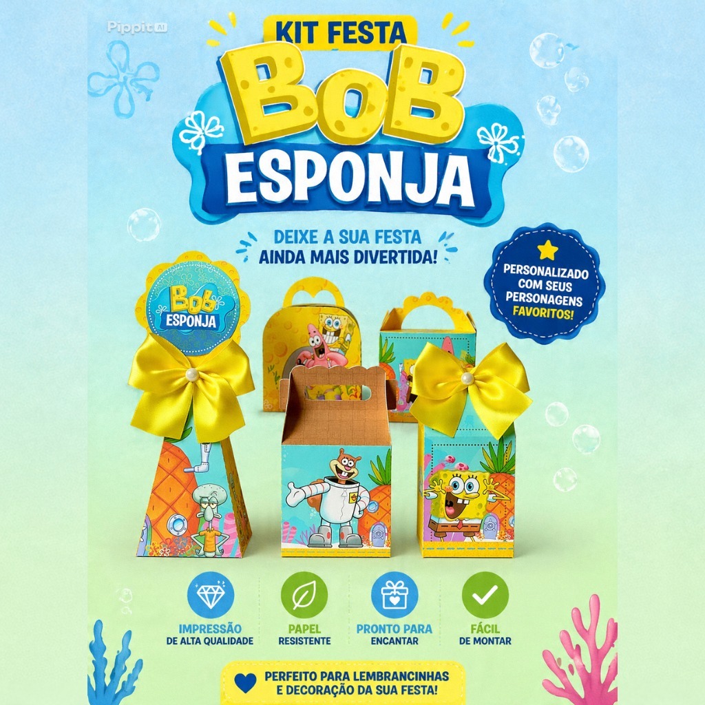 Bob Esponja Kit Personalizado Lembrancinhas para Festa Caixinhas Personalizadas Mêsversário Aniversário com Laço