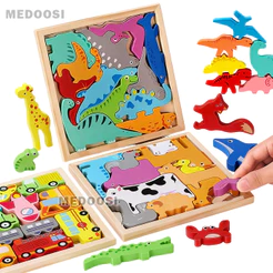Quebra-Cabeça 3D Encaixe Divertido | MDF Animais/Dinos Formas | Sensorial Pedagógico | Montessori para Bebê e Crianças